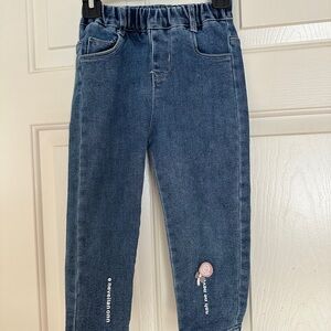 Dark Wash Girls Denim Joggers with Flower Embroidery (size 120)